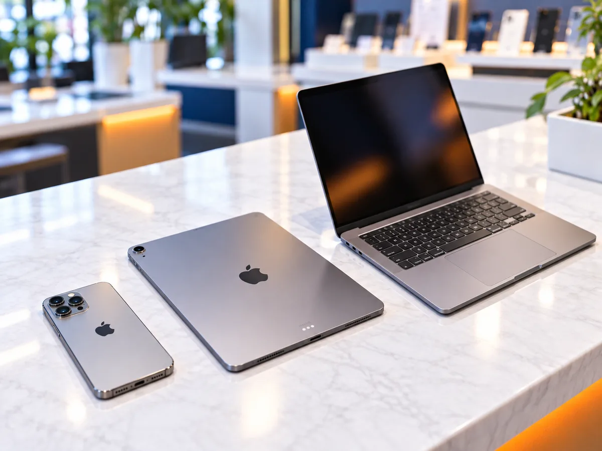 iPhone, iPad và MacBook đặt trên quầy tại CamIcloud.net