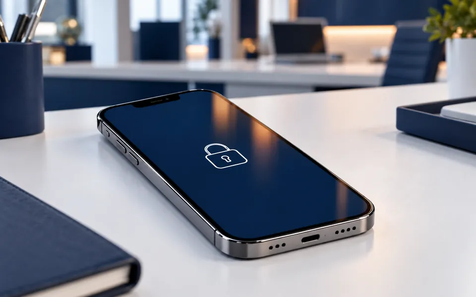iPhone đặt trên bàn với biểu tượng khóa trên màn hình